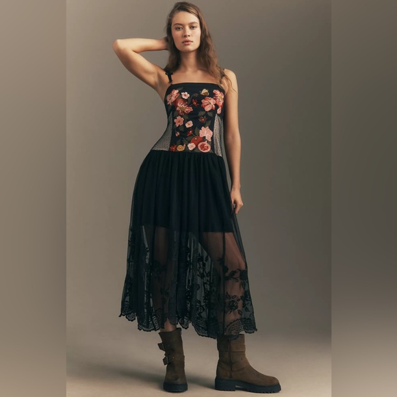 Anthropologie Dresses & Skirts - Maeve Sleeveless Corset Twofer Sheer Midi Dress